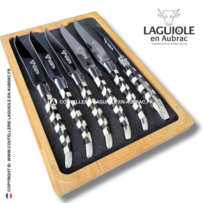 couteaux de table laguiole en aubrac en marqueterie damier os de bœuf et Ébène (set de 6)