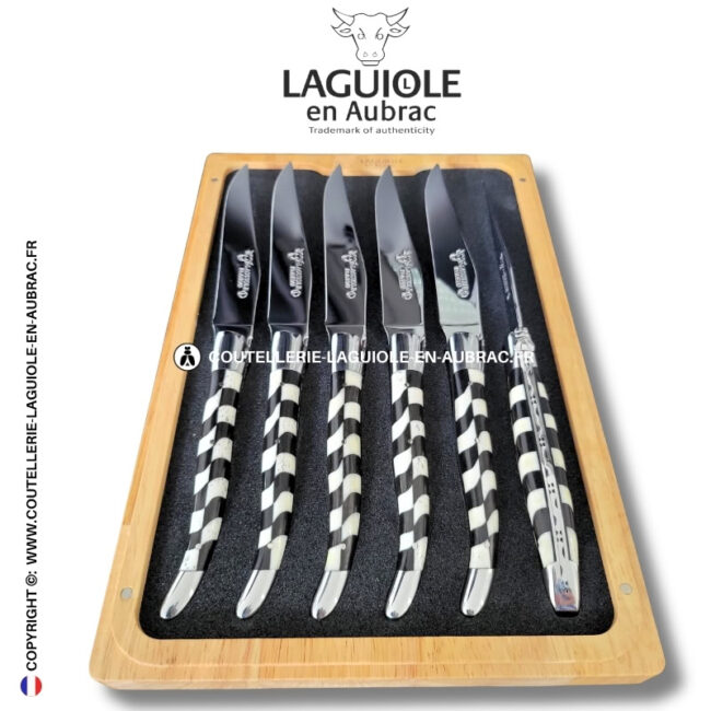 couteaux de table laguiole en aubrac en marqueterie damier os de bœuf et Ébène (set de 6)