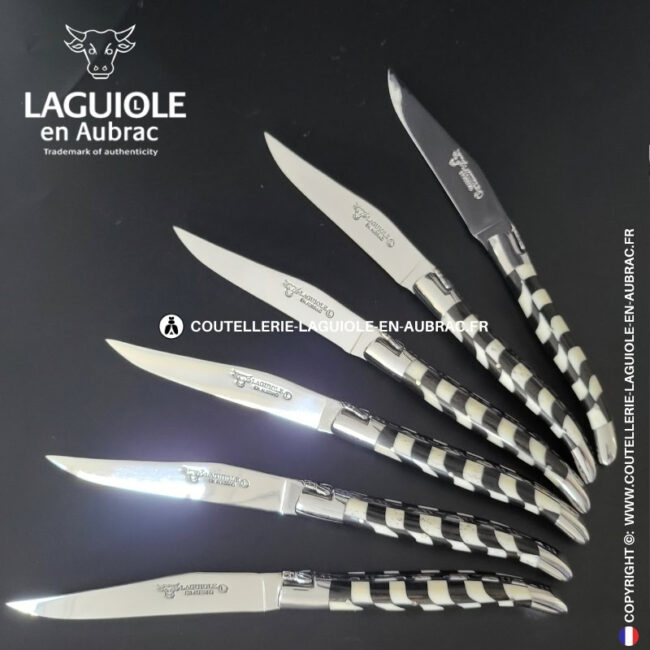 couteaux de table laguiole en aubrac en marqueterie damier os de bœuf et Ébène (set de 6)