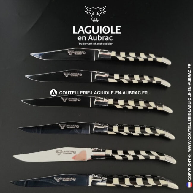 couteaux de table laguiole en aubrac en marqueterie damier os de bœuf et Ébène (set de 6)