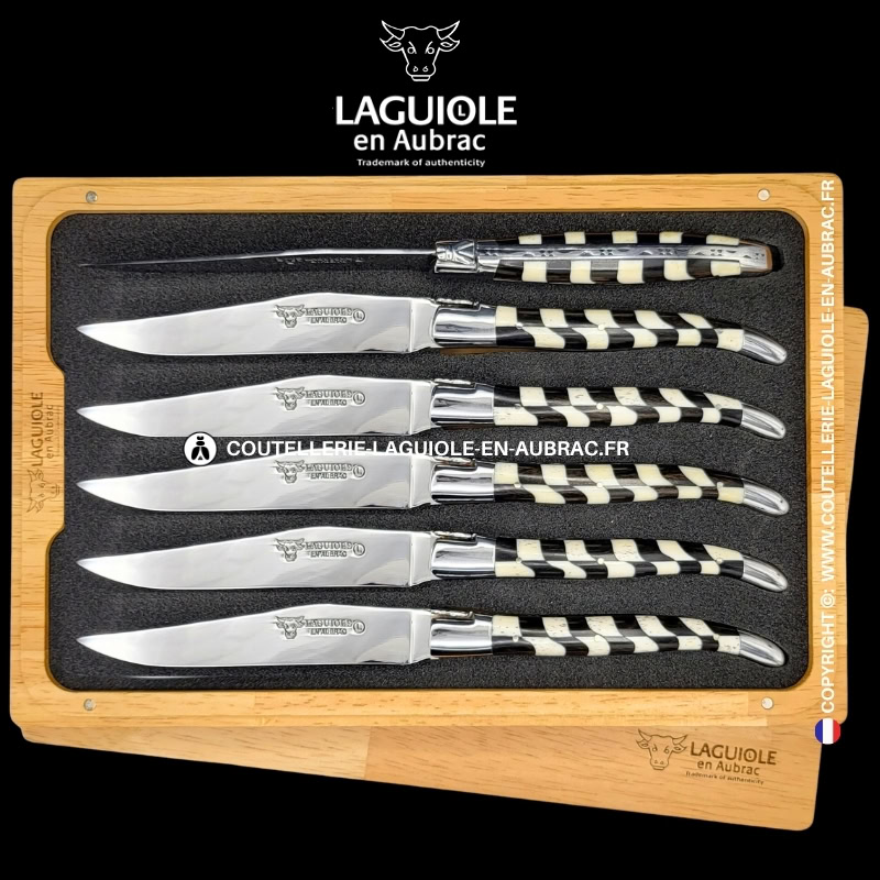 couteaux de table laguiole en aubrac en marqueterie damier os de bœuf et Ébène (set de 6)