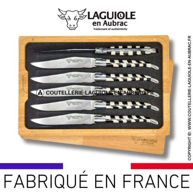 couteaux de table laguiole en aubrac en marqueterie damier os de bœuf et Ébène (set de 6)