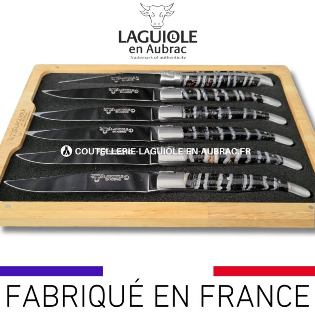 couteaux de table laguiole en aubrac en molaire de mammouth bleue (set de 6)