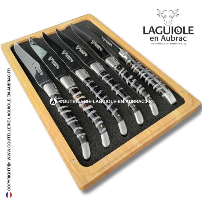 couteaux de table laguiole en aubrac en molaire de mammouth bleue (set de 6)