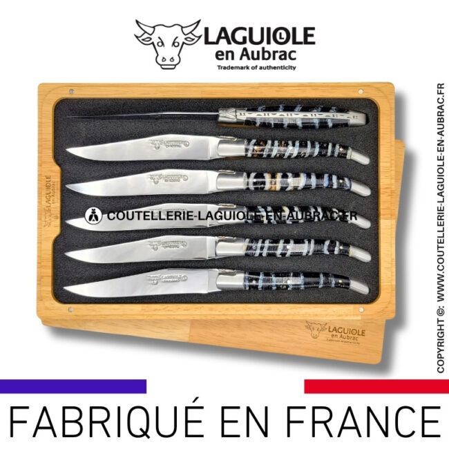 couteaux de table laguiole en aubrac en molaire de mammouth bleue (set de 6)