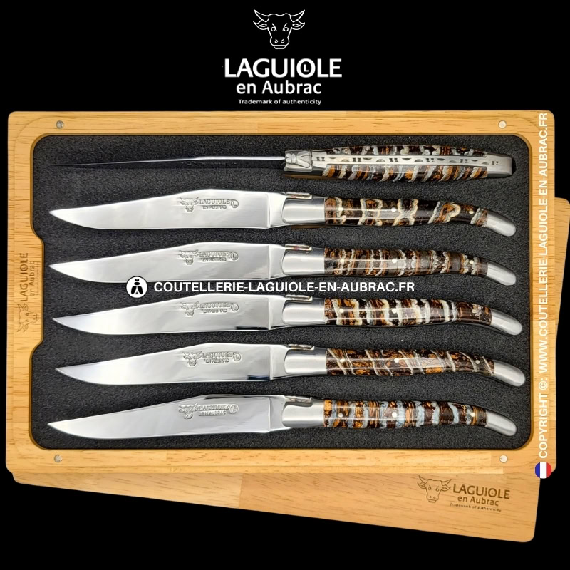 couteaux de table laguiole en aubrac en molaire de mammouth marron tigrée (set de 6)