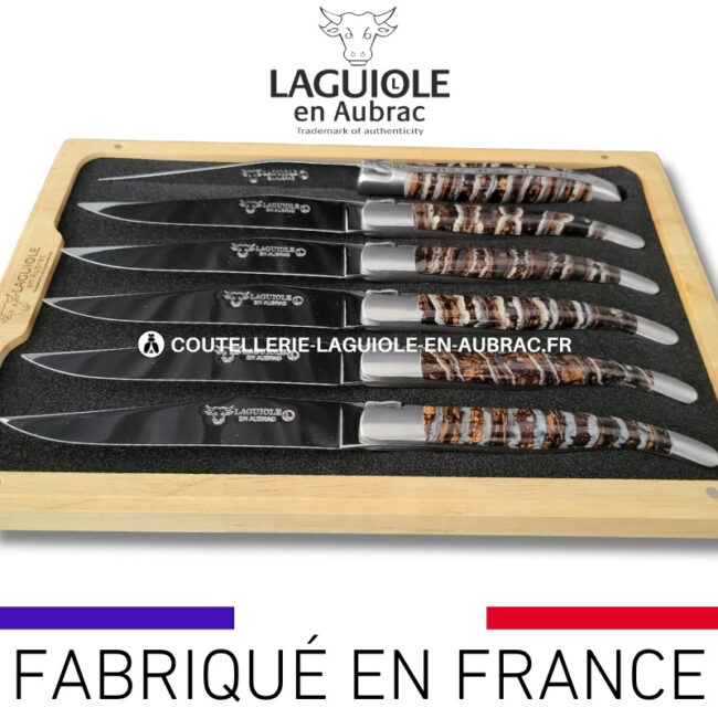 couteaux de table laguiole en aubrac en molaire de mammouth marron tigrée (set de 6)