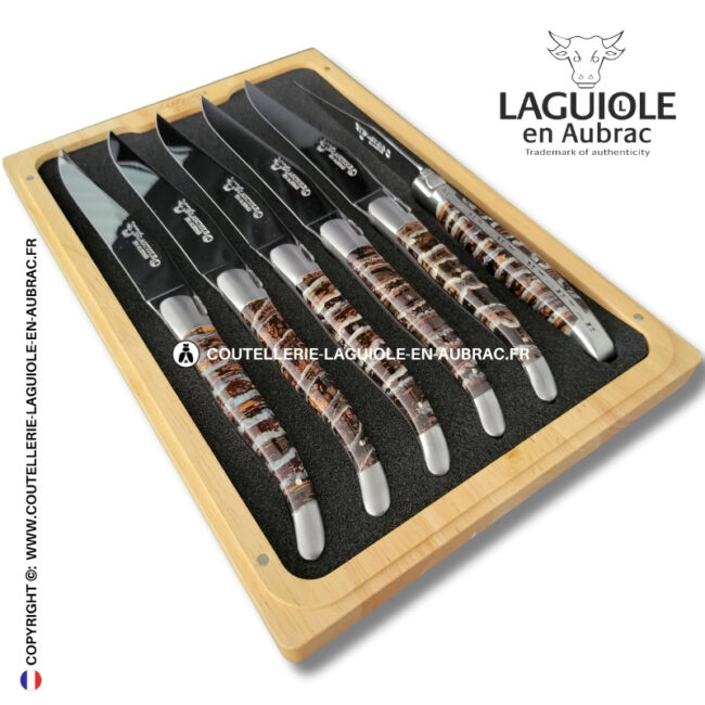couteaux de table laguiole en aubrac en molaire de mammouth marron tigrée (set de 6)