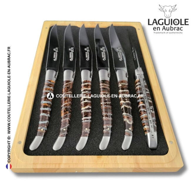 couteaux de table laguiole en aubrac en molaire de mammouth marron tigrée (set de 6)