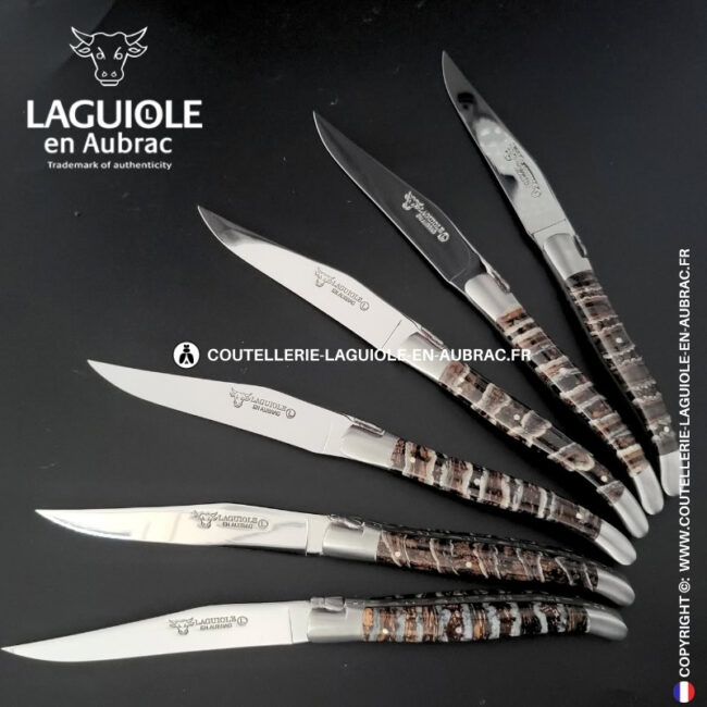 couteaux de table laguiole en aubrac en molaire de mammouth marron tigrée (set de 6)