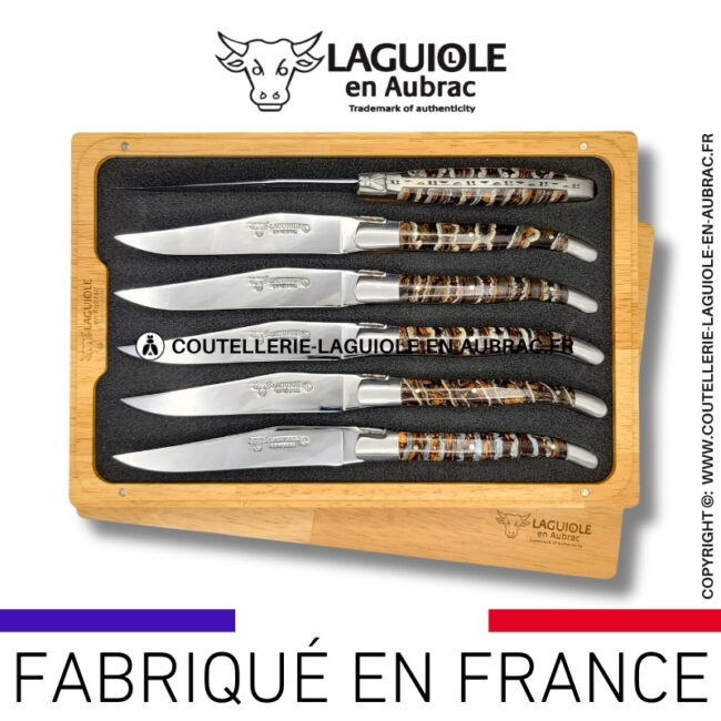 couteaux de table laguiole en aubrac en molaire de mammouth marron tigrée (set de 6)