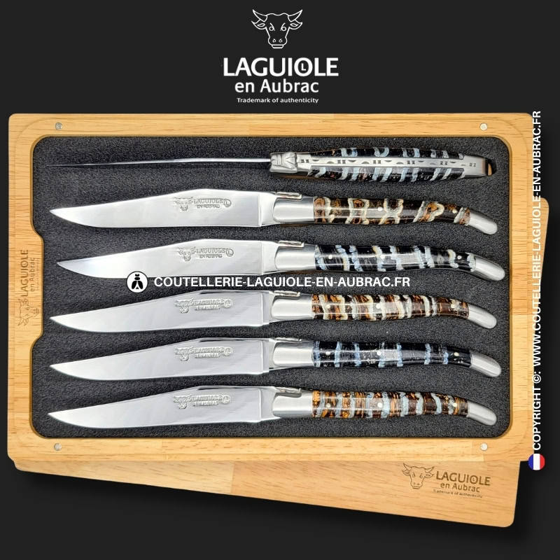 couteaux de table laguiole en aubrac en molaire de mammouth mixtes (set de 6)