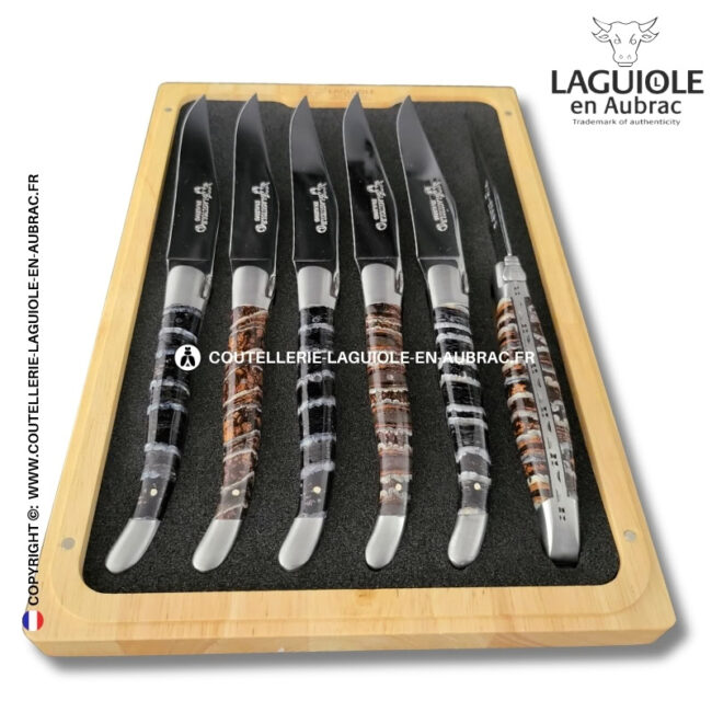 couteaux de table laguiole en aubrac en molaire de mammouth mixtes (set de 6)