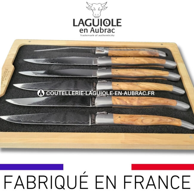 couteaux de table laguiole en aubrac en olivier aux lames damas japonais (set de 6)