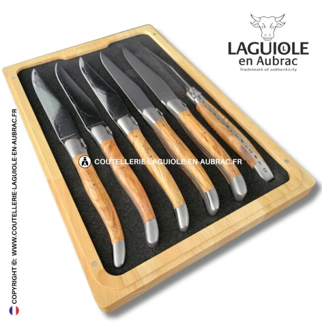 couteaux de table laguiole en aubrac en olivier aux lames damas japonais (set de 6)