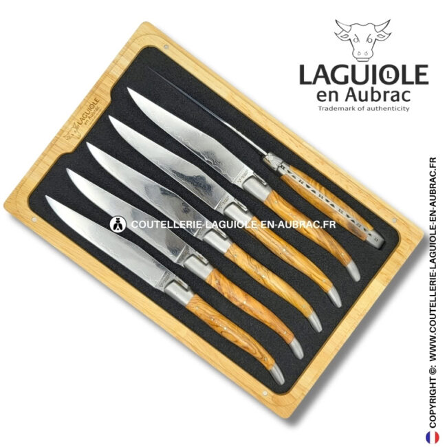 couteaux de table laguiole en aubrac en olivier aux lames damas japonais (set de 6)