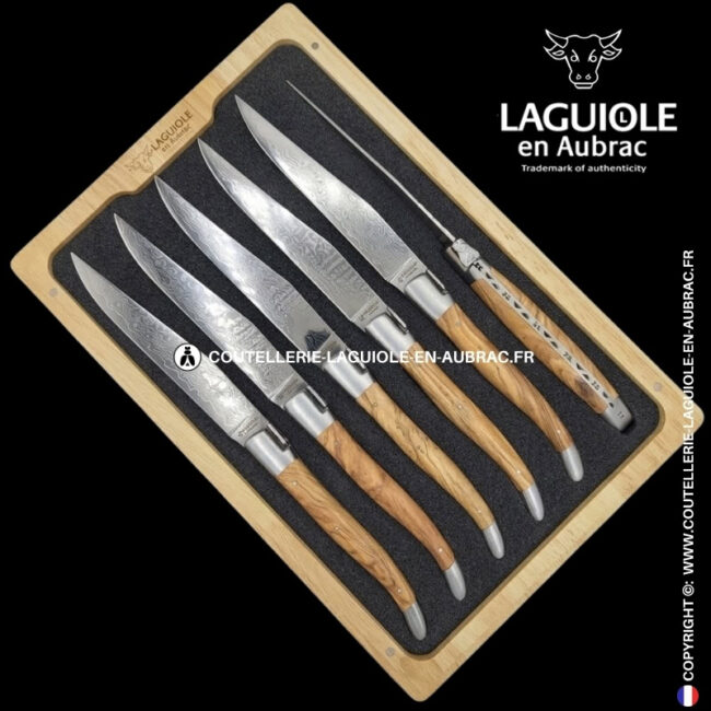 couteaux de table laguiole en aubrac en olivier aux lames damas japonais (set de 6)