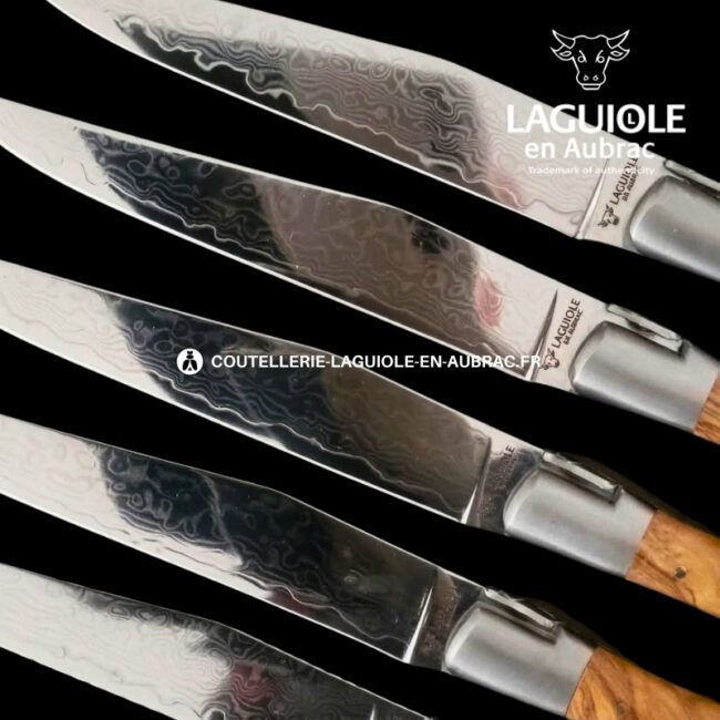 couteaux de table laguiole en aubrac en olivier aux lames damas japonais (set de 6)