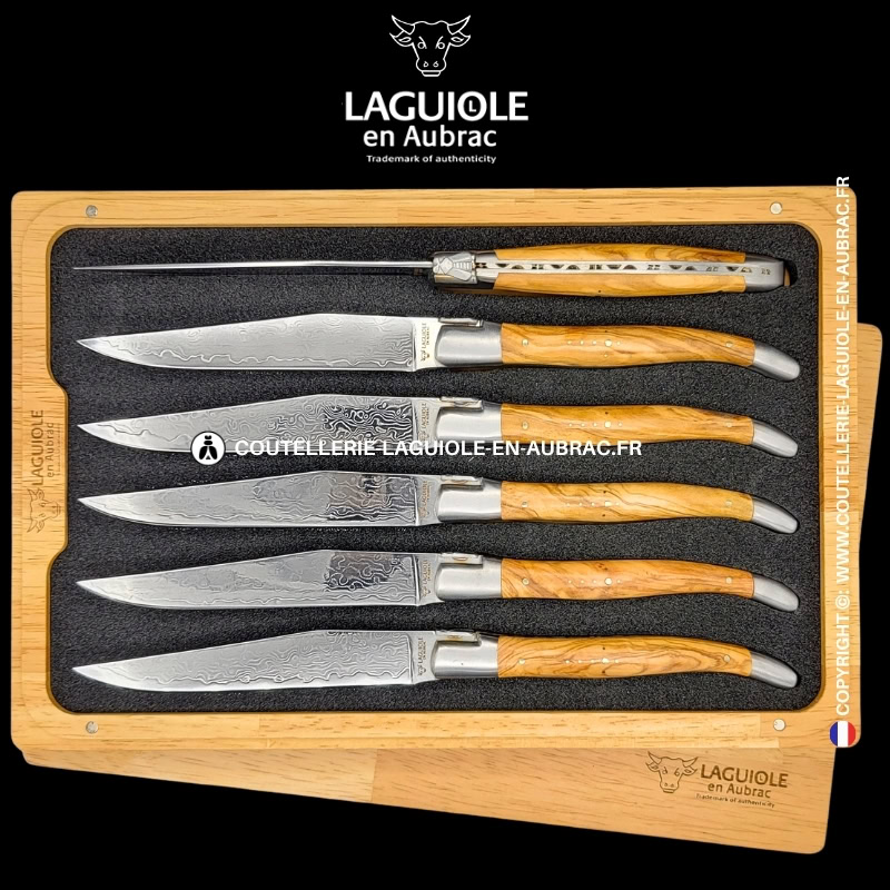 couteaux de table laguiole en aubrac en olivier aux lames damas japonais (set de 6)