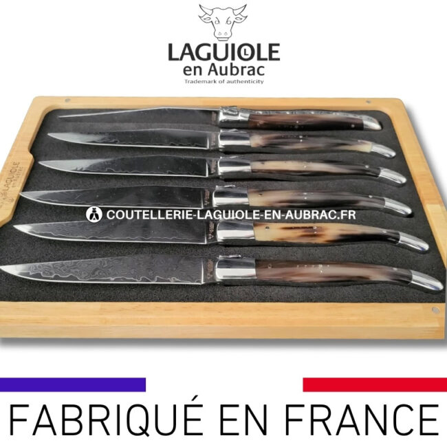couteaux de table laguiole en aubrac en pointe de corne aux lames damas japonais (set de 6)