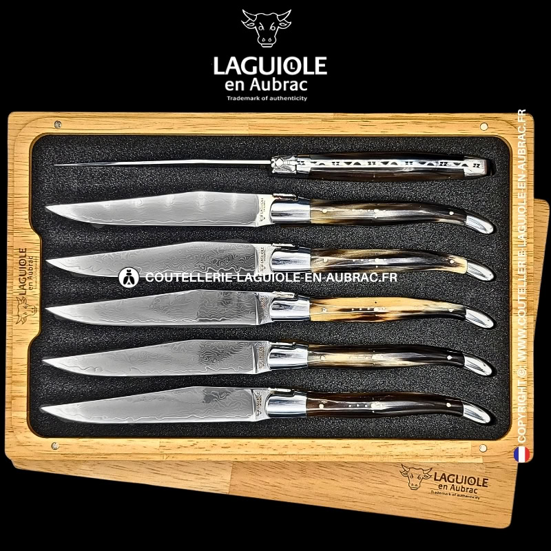 couteaux de table laguiole en aubrac en pointe de corne aux lames damas japonais (set de 6)