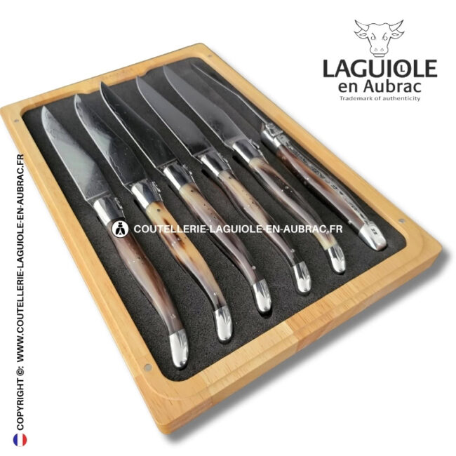 couteaux de table laguiole en aubrac en pointe de corne aux lames damas japonais (set de 6)