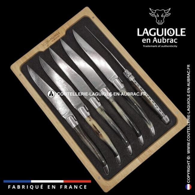 couteaux de table laguiole en aubrac en pointe de corne aux lames damas japonais (set de 6)