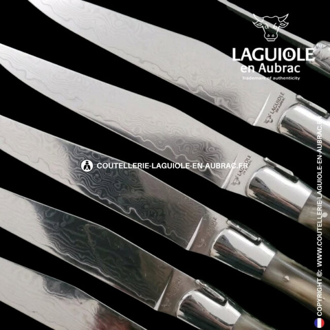 couteaux de table laguiole en aubrac en pointe de corne aux lames damas japonais (set de 6)