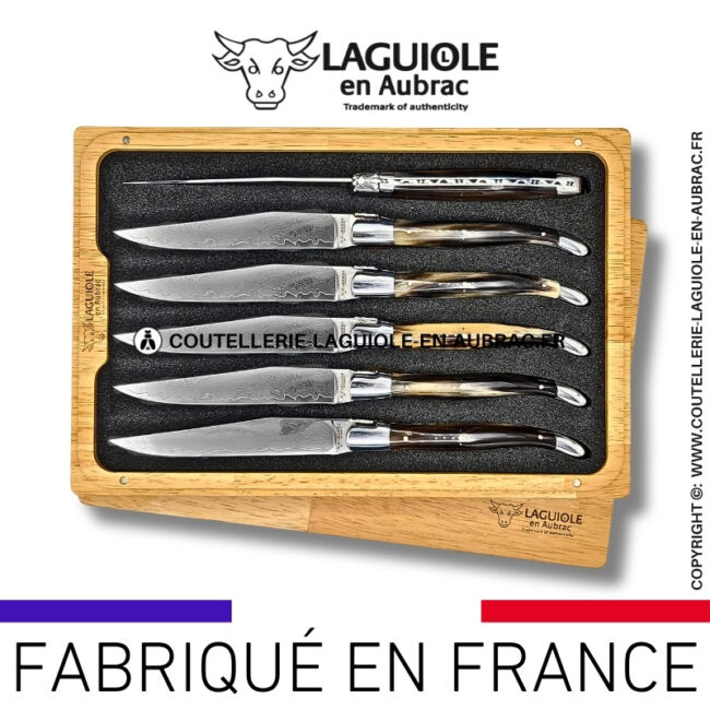 couteaux de table laguiole en aubrac en pointe de corne aux lames damas japonais (set de 6)