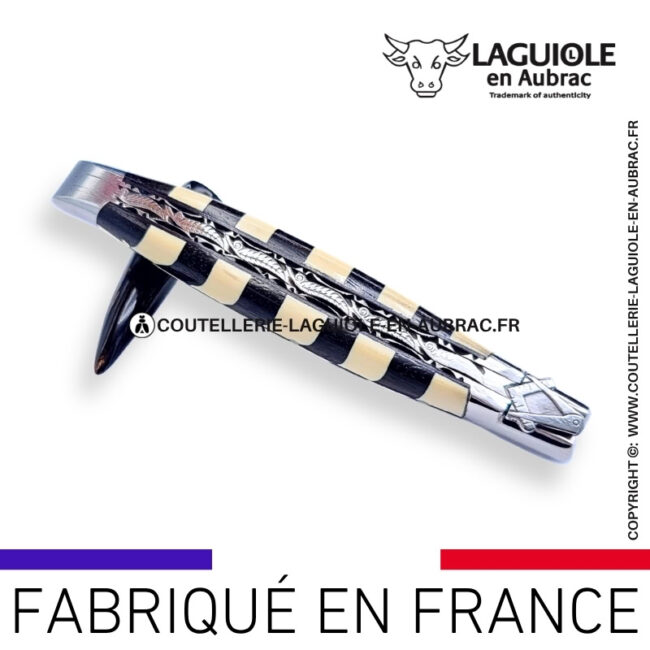 couteau laguiole à lame damas mouche prestige franc maçon en damier Ébène et ivoire de mammouth