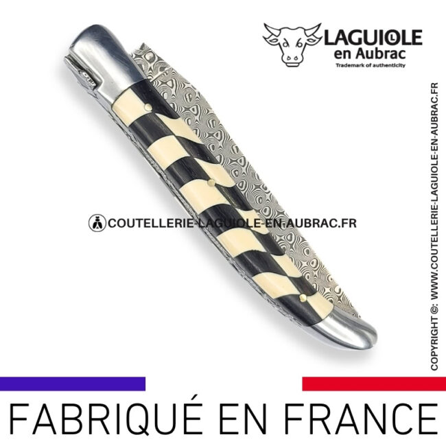 couteau laguiole à lame damas mouche prestige franc maçon en damier Ébène et ivoire de mammouth