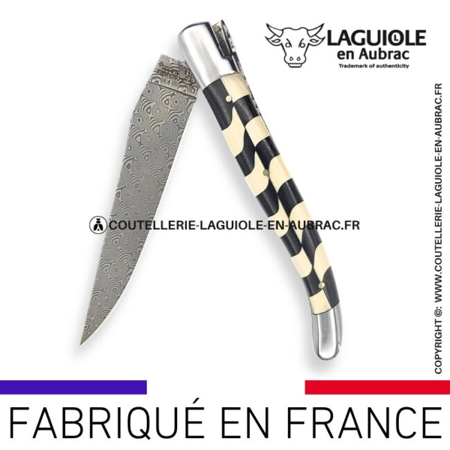 couteau laguiole à lame damas mouche prestige franc maçon en damier Ébène et ivoire de mammouth