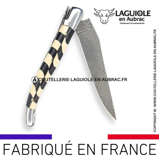 couteau laguiole à lame damas mouche prestige franc maçon en damier Ébène et ivoire de mammouth