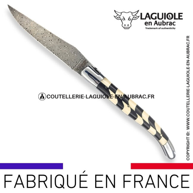couteau laguiole à lame damas mouche prestige franc maçon en damier Ébène et ivoire de mammouth