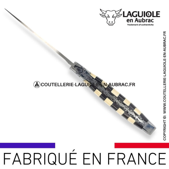couteau laguiole à lame damas mouche prestige franc maçon en damier Ébène et ivoire de mammouth