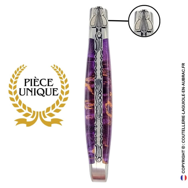 acanthe d'améthyste : couteau laguiole en loupe de sureau violette – abeille sculptée – ressort ciselé