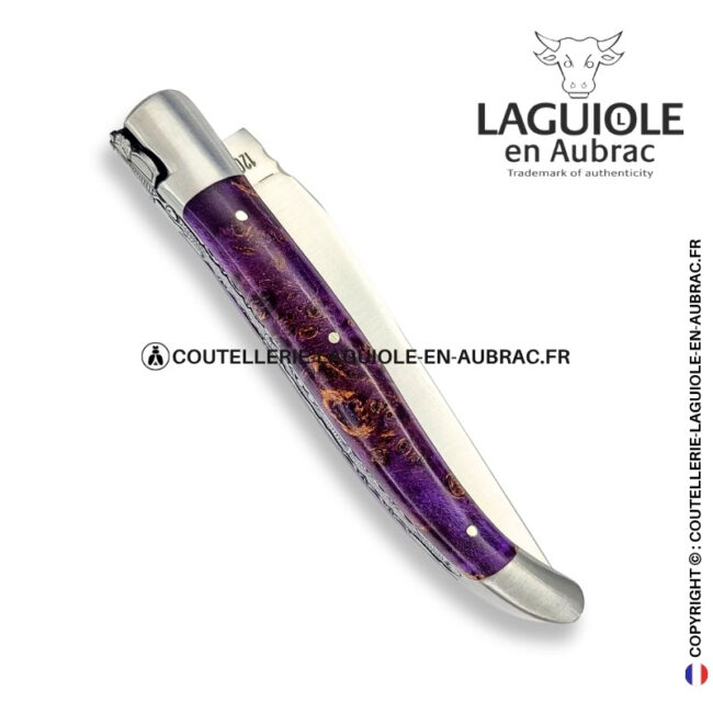 acanthe d'améthyste : couteau laguiole en loupe de sureau violette – abeille sculptée – ressort ciselé