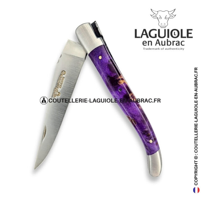 acanthe d'améthyste : couteau laguiole en loupe de sureau violette – abeille sculptée – ressort ciselé