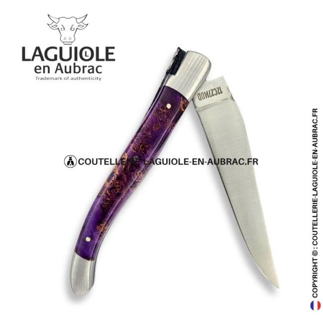 acanthe d'améthyste : couteau laguiole en loupe de sureau violette – abeille sculptée – ressort ciselé