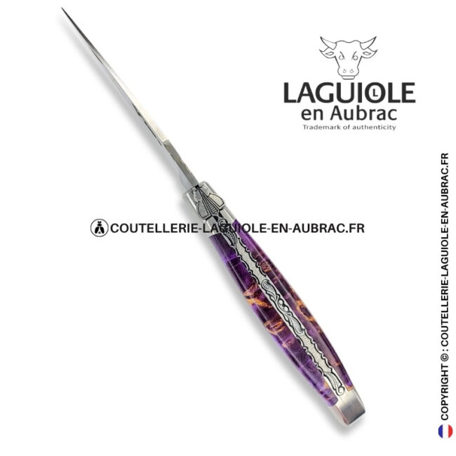 acanthe d'améthyste : couteau laguiole en loupe de sureau violette – abeille sculptée – ressort ciselé