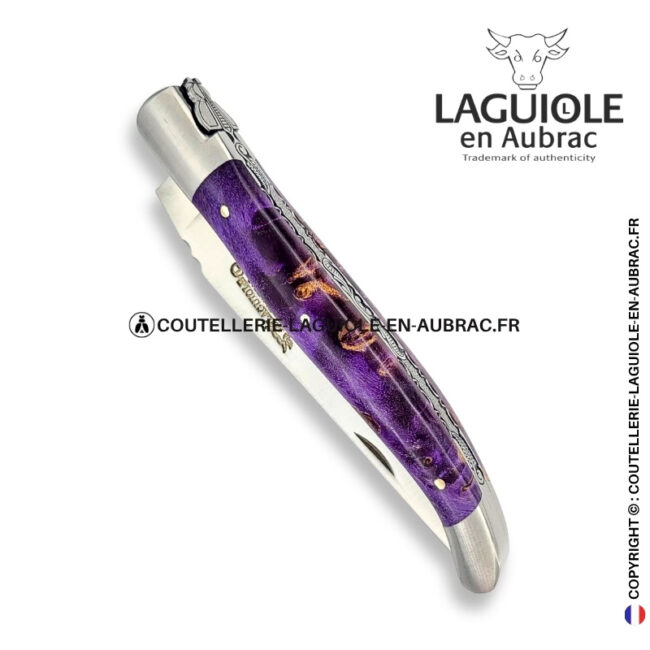 acanthe d'améthyste : couteau laguiole en loupe de sureau violette – abeille sculptée – ressort ciselé
