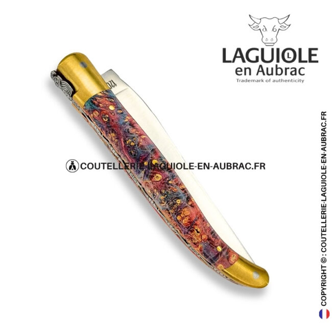 aquarelle dorée : couteau laguiole en loupe de sureau multicolore – abeille sculptée – mitres laiton et platines cuivre