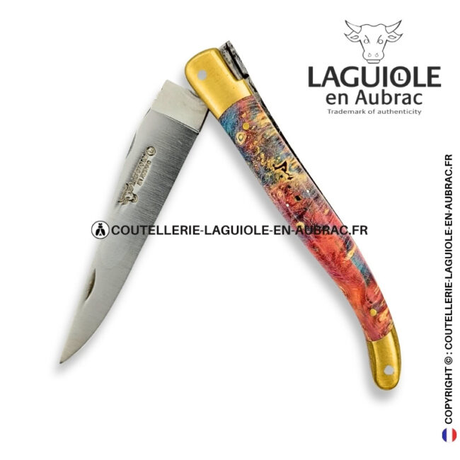 aquarelle dorée : couteau laguiole en loupe de sureau multicolore – abeille sculptée – mitres laiton et platines cuivre