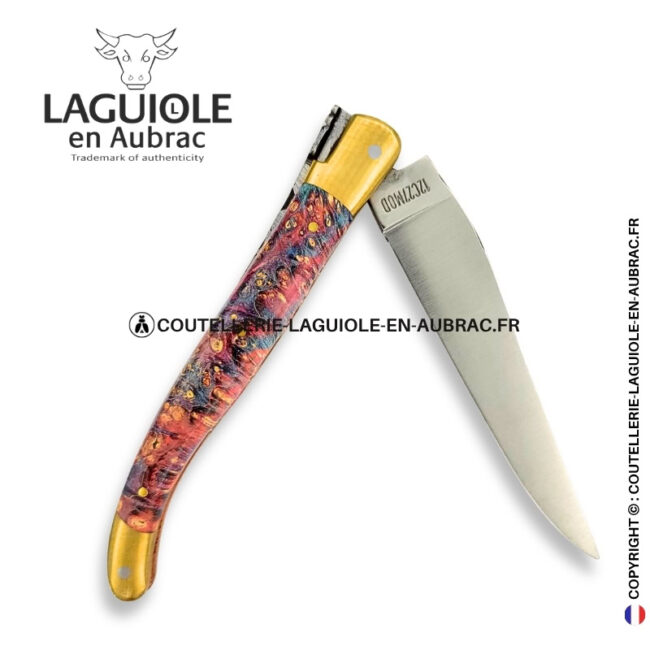 aquarelle dorée : couteau laguiole en loupe de sureau multicolore – abeille sculptée – mitres laiton et platines cuivre