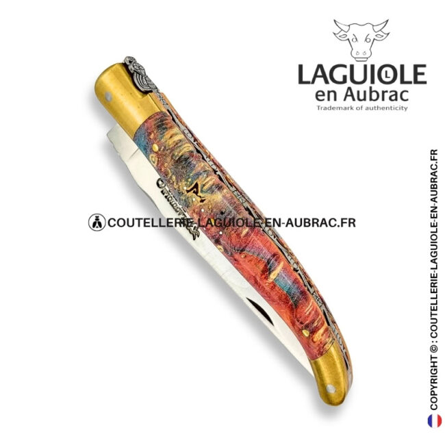aquarelle dorée : couteau laguiole en loupe de sureau multicolore – abeille sculptée – mitres laiton et platines cuivre