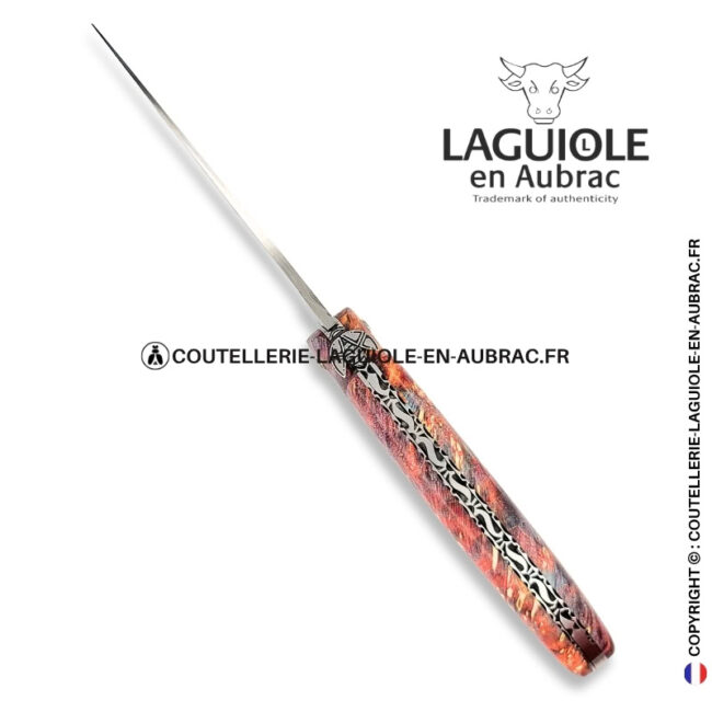 cœur de volcan : couteau laguiole plein manche en loupe de sureau rouge – abeille sculptée en 3d – ressort ciselé