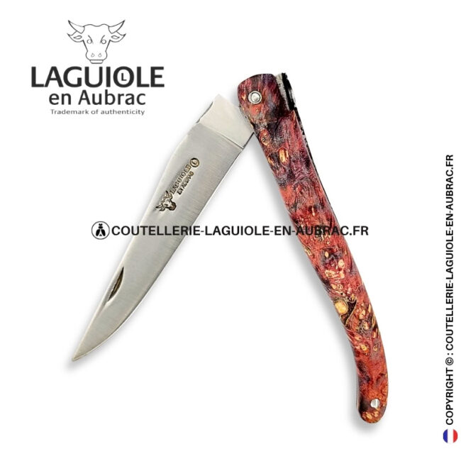 cœur de volcan : couteau laguiole plein manche en loupe de sureau rouge – abeille sculptée en 3d – ressort ciselé