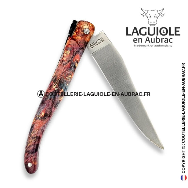 cœur de volcan : couteau laguiole plein manche en loupe de sureau rouge – abeille sculptée en 3d – ressort ciselé