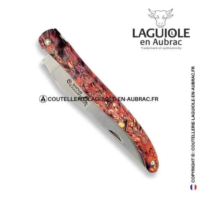 cœur de volcan : couteau laguiole plein manche en loupe de sureau rouge – abeille sculptée en 3d – ressort ciselé