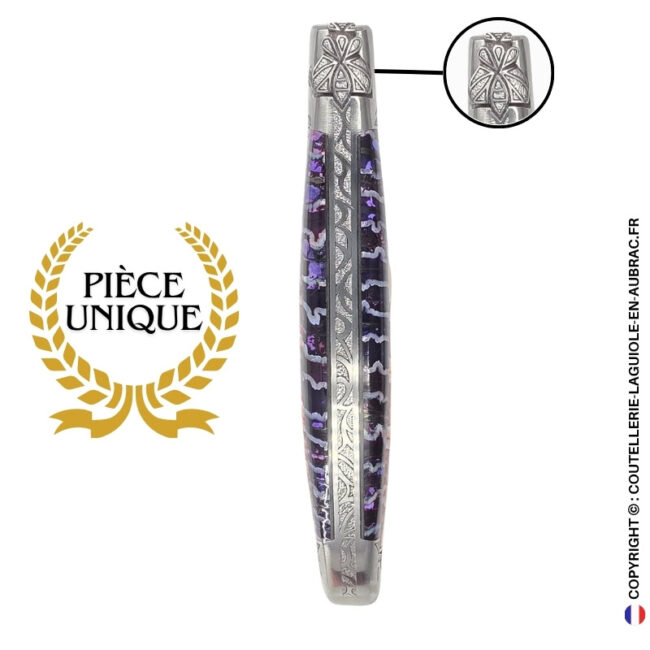 corolle de nuit : couteau laguiole en molaire de mammouth violette – abeille sculptée – ressort et mitres ciselés